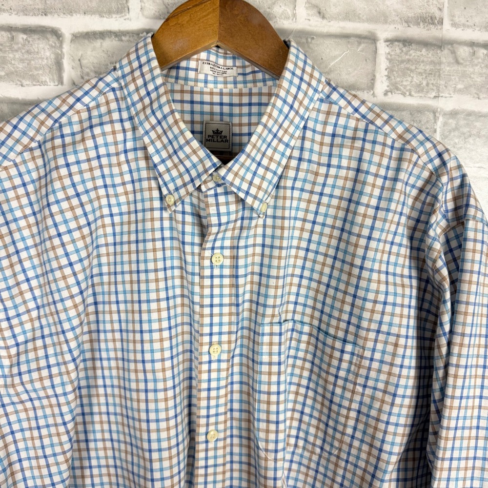 Peter Millar Nanoluxe Easy Care Plaid Button Down Shirt Mens XXL Blue Brown